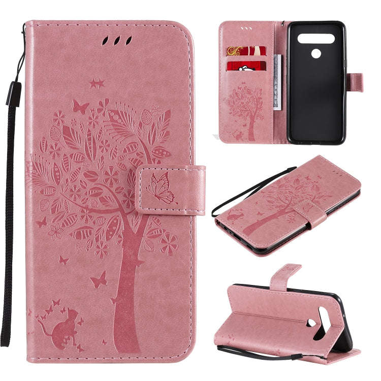 For LG K61 Tree & Cat Embossed Pattern Horizontal Flip Leather Case with Holder & Card Slots & Wa...