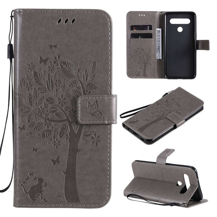 For LG K61 Tree & Cat Embossed Pattern Horizontal Flip Leather Case with Holder & Card Slots & Wa...