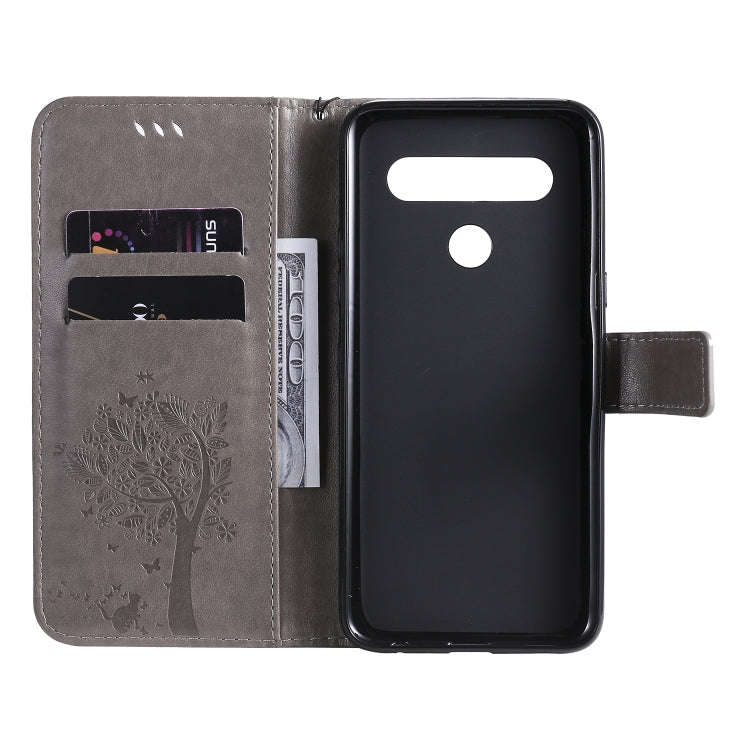 For LG K61 Tree & Cat Embossed Pattern Horizontal Flip Leather Case with Holder & Card Slots & Wa...
