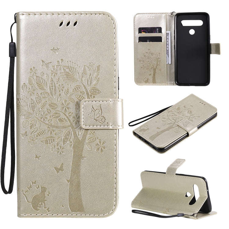 For LG K61 Tree & Cat Embossed Pattern Horizontal Flip Leather Case with Holder & Card Slots & Wa...