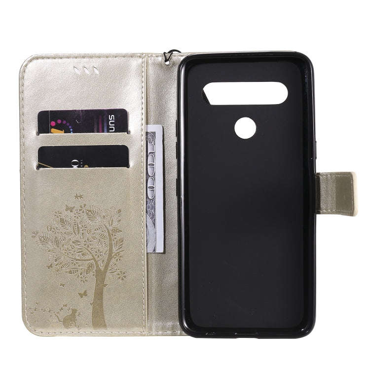 For LG K61 Tree & Cat Embossed Pattern Horizontal Flip Leather Case with Holder & Card Slots & Wa...