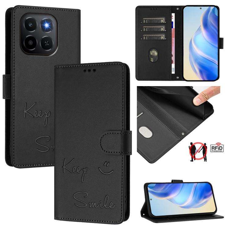 For Honor X6c 4G Smile Embossing RFID Leather Phone Case(Black)