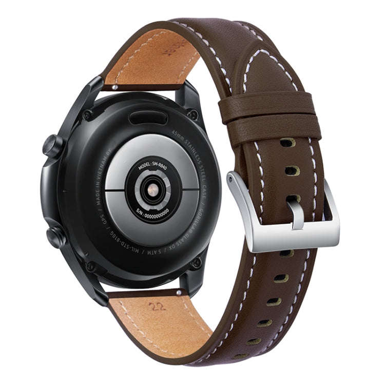 For Samsung Galaxy Watch3 41mm Leather Silver Buckle Watch Band(Dark Brown)