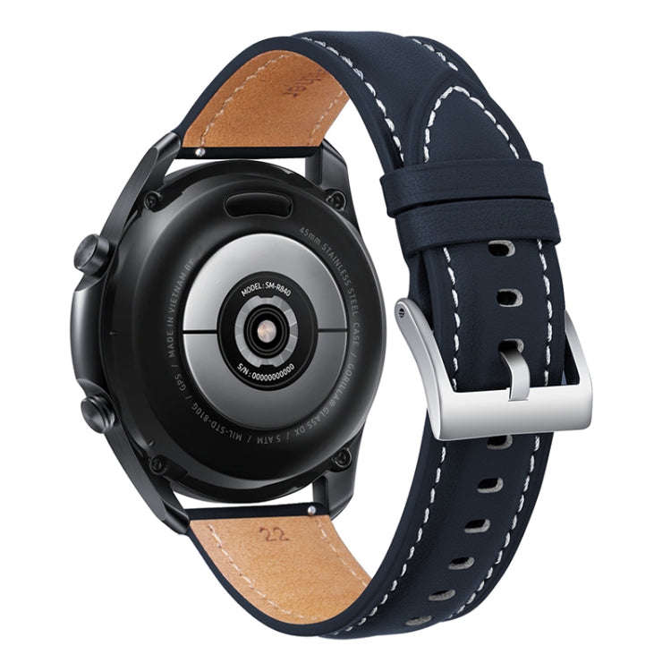For Samsung Galaxy Watch3 41mm Leather Silver Buckle Watch Band(Dark Blue)
