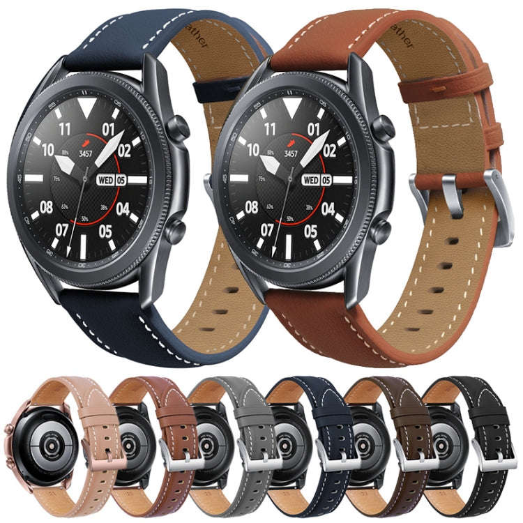 For Samsung Galaxy Watch3 41mm Leather Silver Buckle Watch Band(Dark Blue)