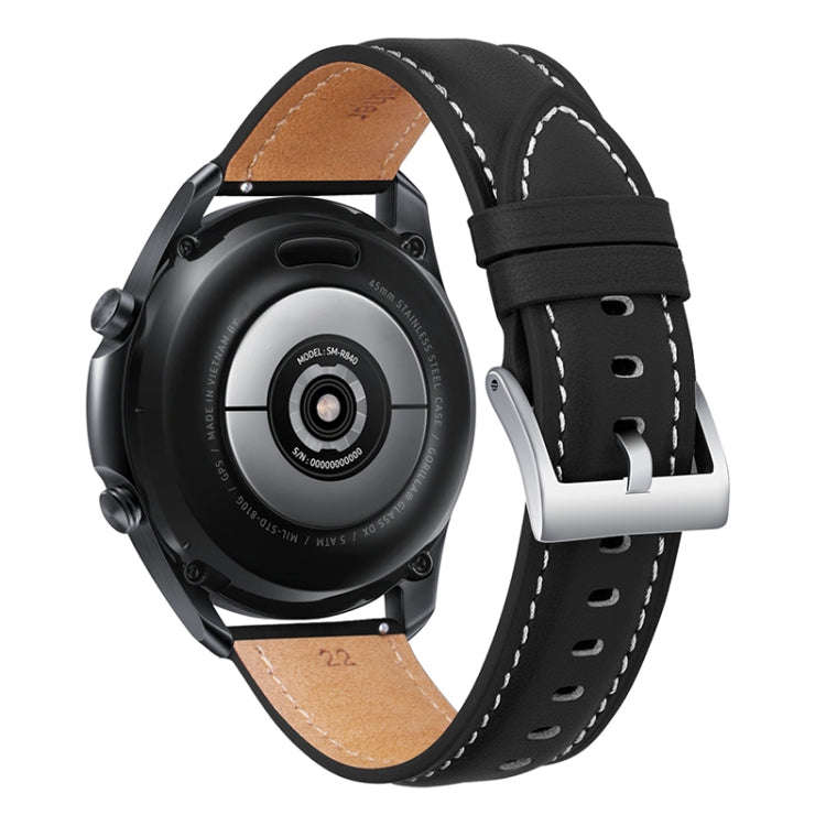 For Samsung Galaxy Watch3 45mm Leather Silver Buckle Watch Band(Black)
