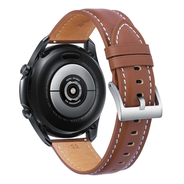 For Samsung Galaxy Watch3 45mm Leather Silver Buckle Watch Band(Light Brown)