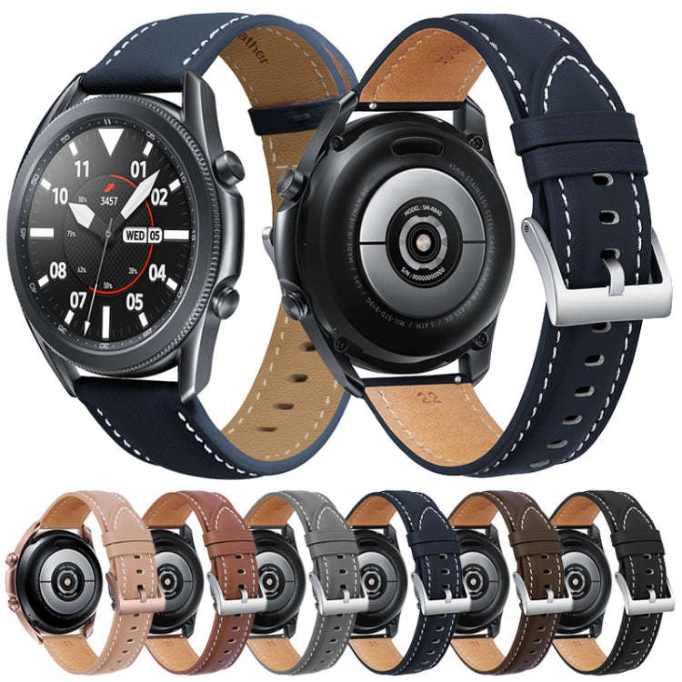 For Samsung Galaxy Watch3 45mm Leather Silver Buckle Watch Band(Light Brown)