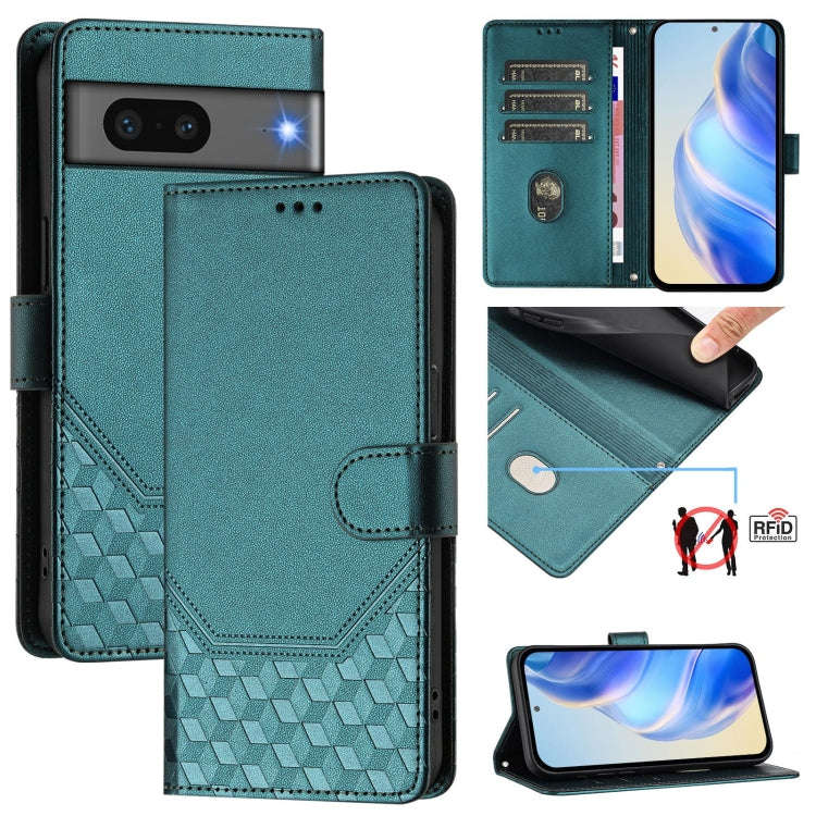 For Google Pixel 7 Honeycomb Embossing RFID Leather Phone Case(Peacock Green)