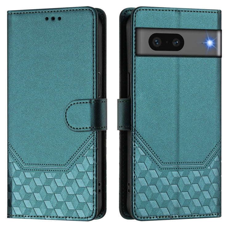 For Google Pixel 7 Honeycomb Embossing RFID Leather Phone Case(Peacock Green)