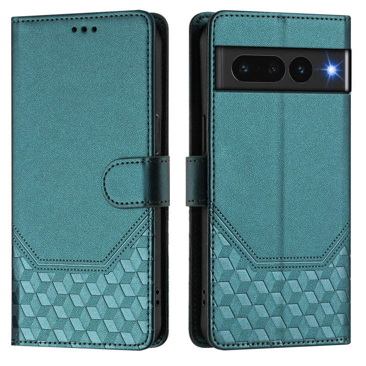 For Google Pixel 7 Pro Honeycomb Embossing RFID Leather Phone Case(Peacock Green)