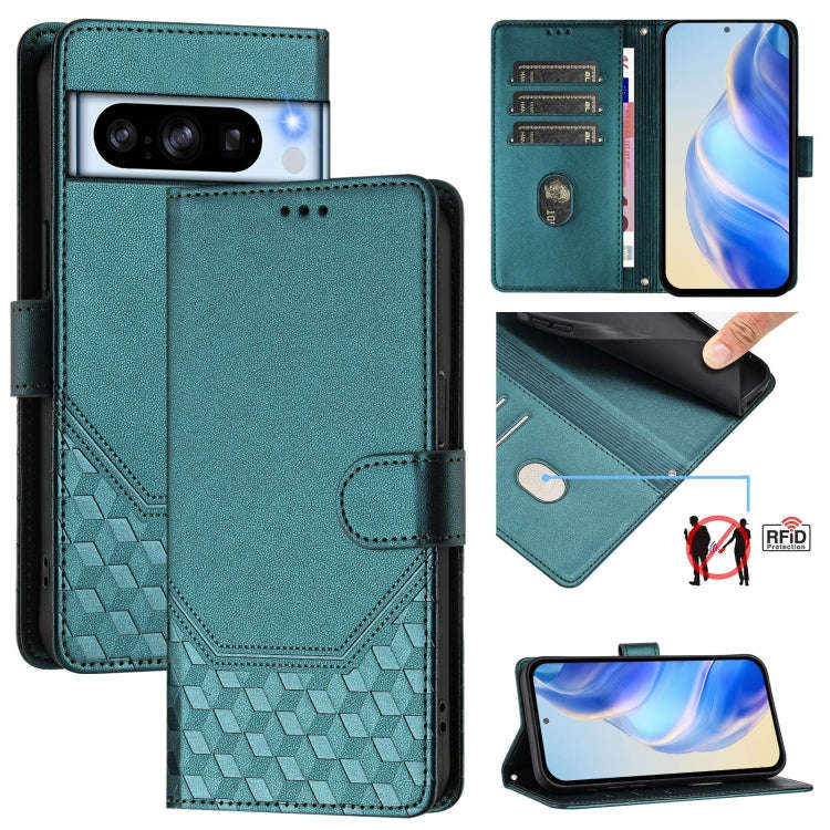 For Google Pixel 8 Pro Honeycomb Embossing RFID Leather Phone Case(Peacock Green)