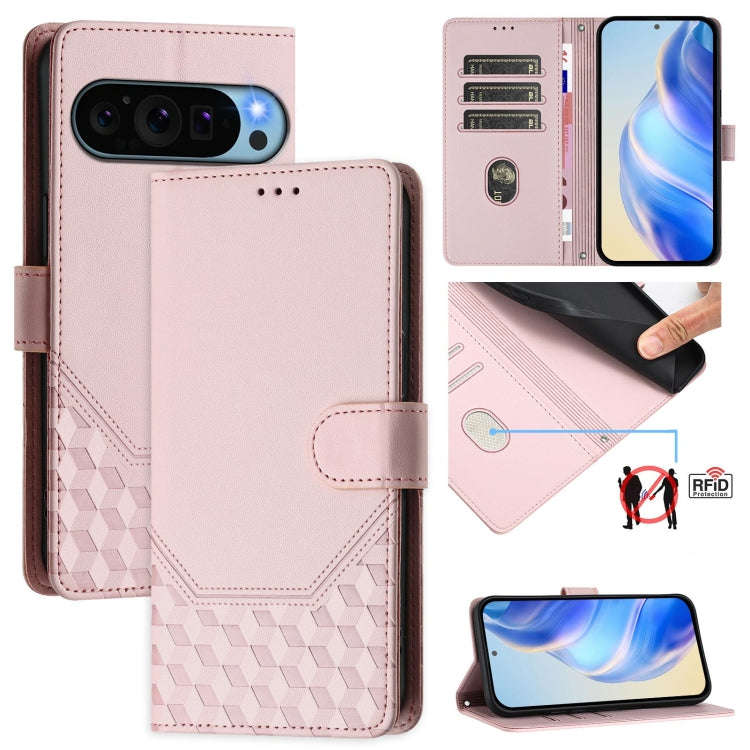For Google Pixel 9 / 9 Pro Honeycomb Embossing RFID Leather Phone Case(Pink)