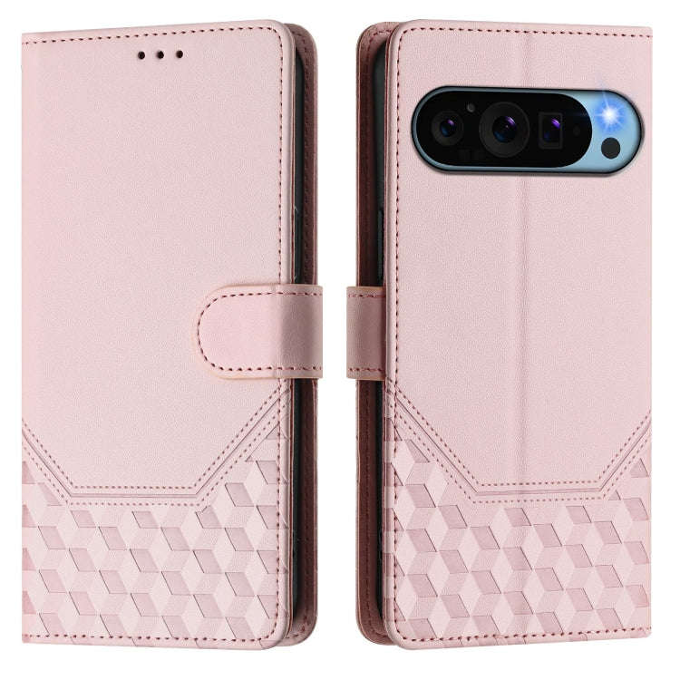 For Google Pixel 9 / 9 Pro Honeycomb Embossing RFID Leather Phone Case(Pink)