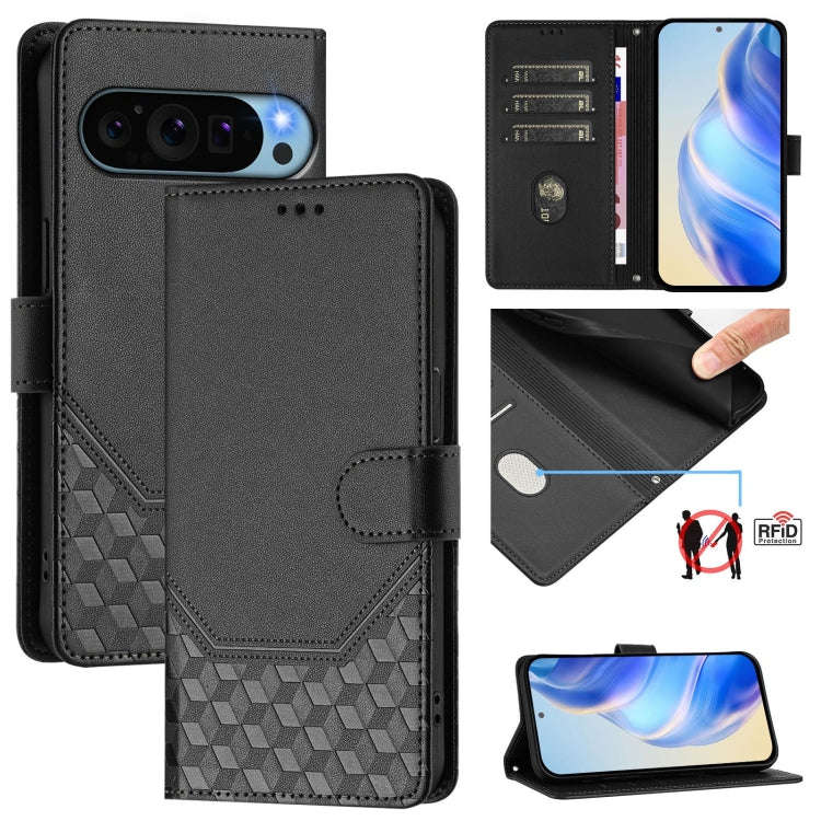 For Google Pixel 9 / 9 Pro Honeycomb Embossing RFID Leather Phone Case(Black)