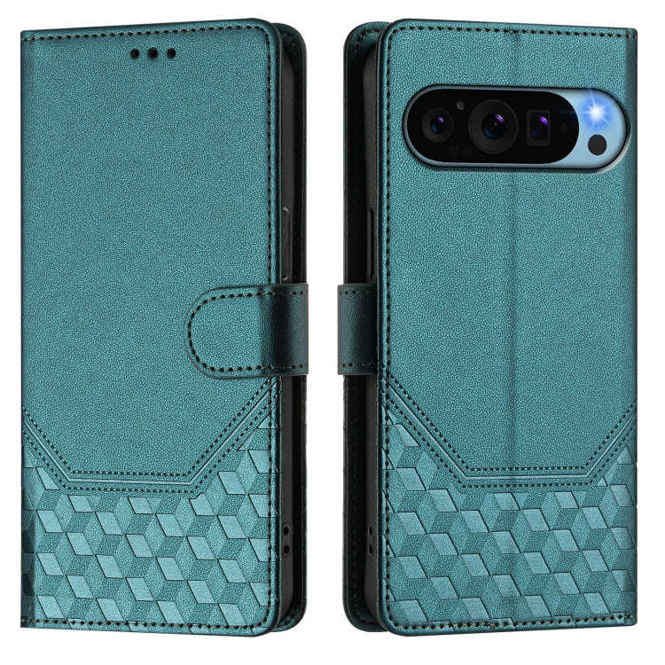 For Google Pixel 9 / 9 Pro Honeycomb Embossing RFID Leather Phone Case(Peacock Green)