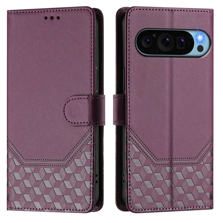 For Google Pixel 9 / 9 Pro Honeycomb Embossing RFID Leather Phone Case(Violet)