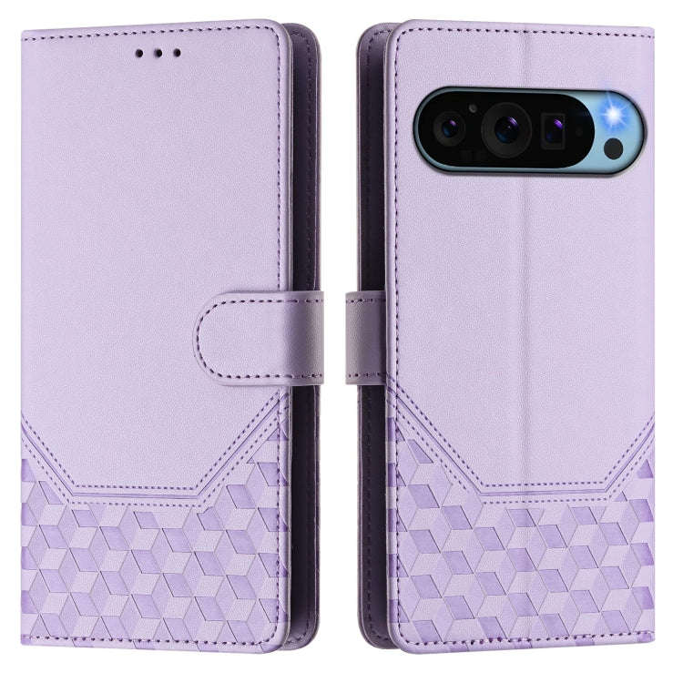 For Google Pixel 9 Pro XL Honeycomb Embossing RFID Leather Phone Case(Light Purple)