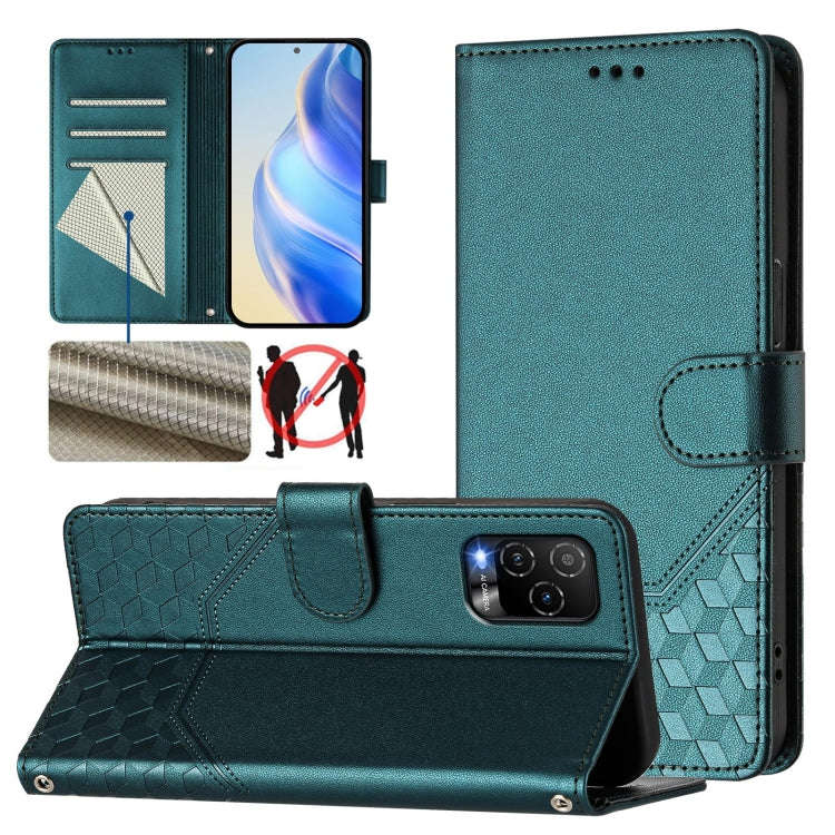 For BLU View 5 Pro Honeycomb Embossing RFID Leather Phone Case(Peacock Green)