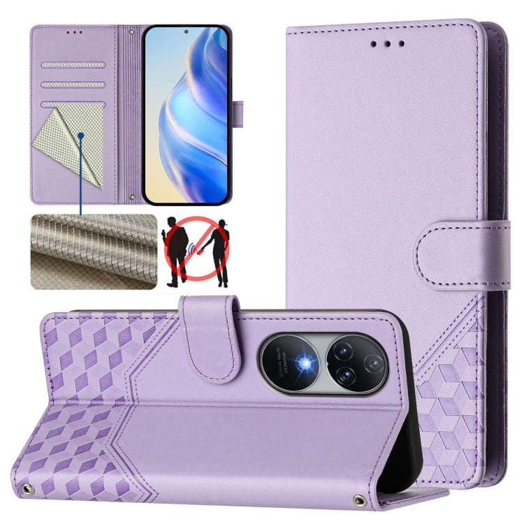 For Oukitel C38 Honeycomb Embossing RFID Leather Phone Case(Light Purple)