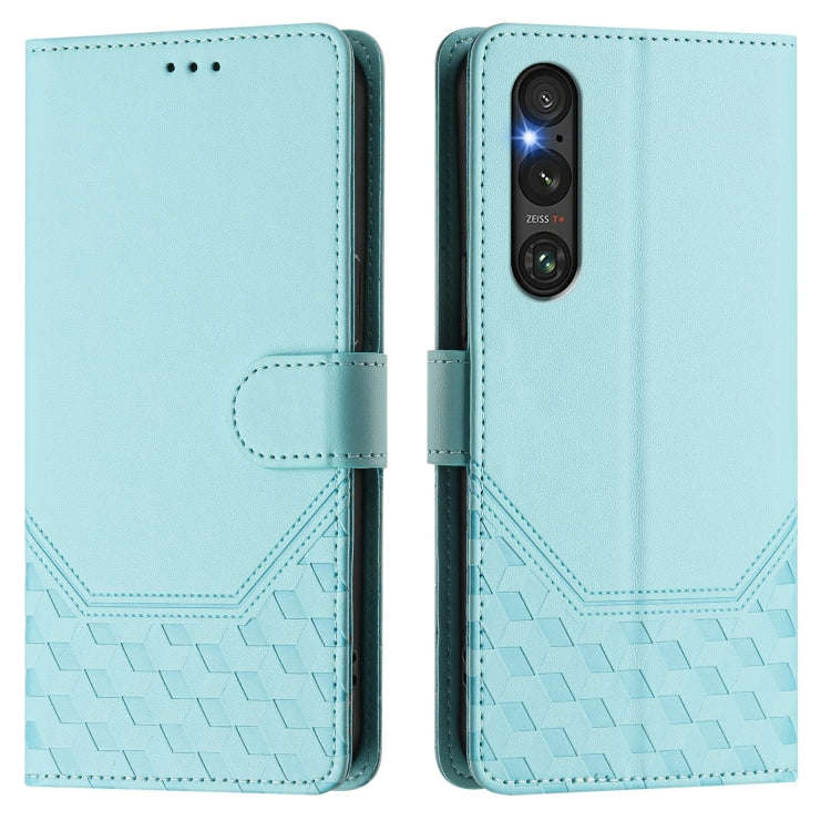 For Sony Xperia 1 V 2023 Honeycomb Embossing RFID Leather Phone Case(Mint Green)