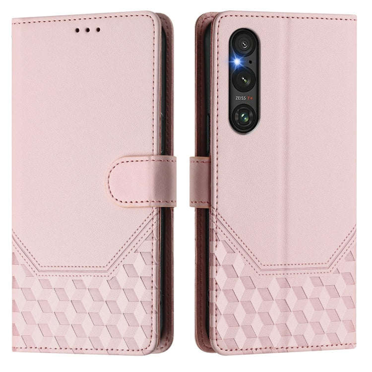 For Sony Xperia 1 V 2023 Honeycomb Embossing RFID Leather Phone Case(Pink)