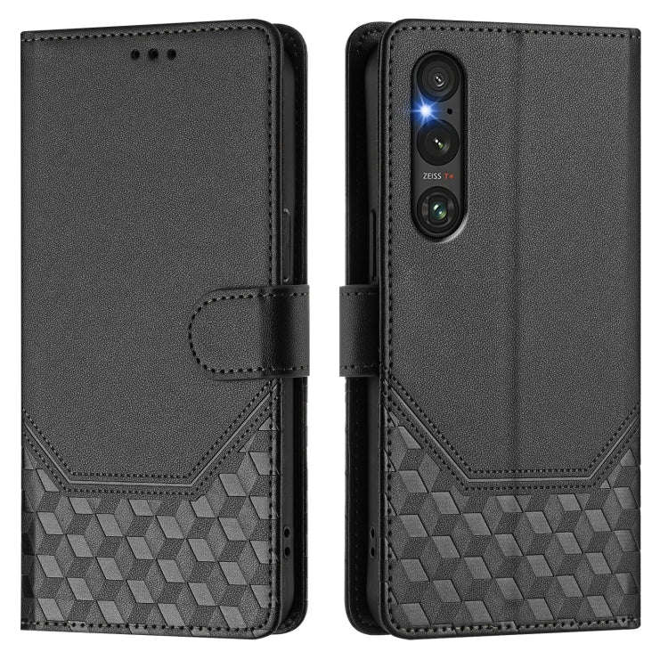 For Sony Xperia 1 V 2023 Honeycomb Embossing RFID Leather Phone Case(Black)