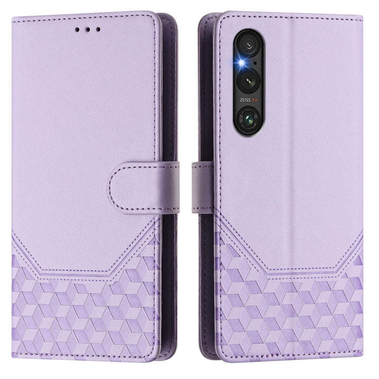 For Sony Xperia 1 V 2023 Honeycomb Embossing RFID Leather Phone Case(Light Purple)
