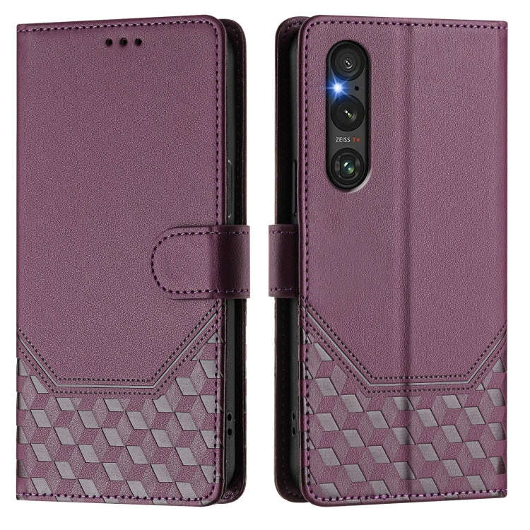 For Sony Xperia 1 V 2023 Honeycomb Embossing RFID Leather Phone Case(Violet)