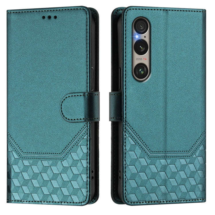 For Sony Xperia 1 VI 2024 Honeycomb Embossing RFID Leather Phone Case(Peacock Green)