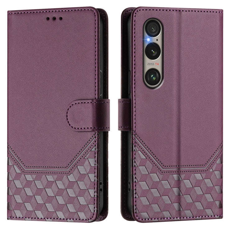 For Sony Xperia 1 VI 2024 Honeycomb Embossing RFID Leather Phone Case(Violet)
