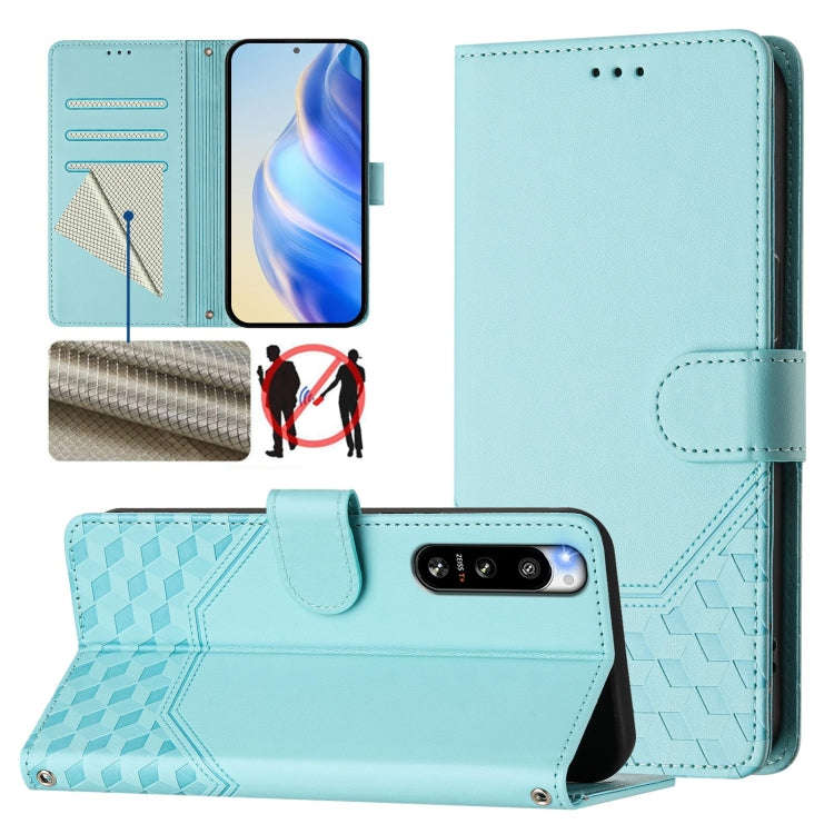For Sony Xperia 5 IV Honeycomb Embossing RFID Leather Phone Case(Mint Green)