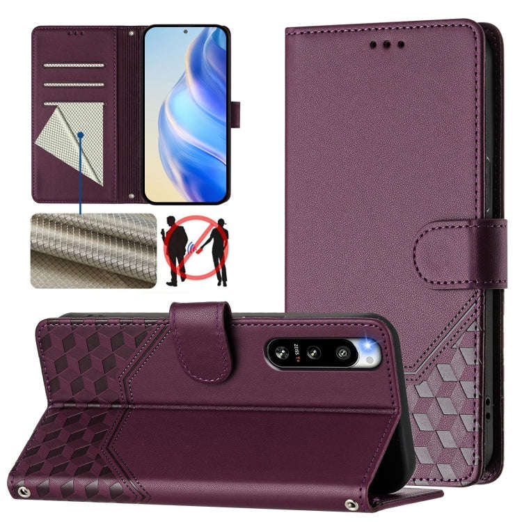 For Sony Xperia 5 IV Honeycomb Embossing RFID Leather Phone Case(Violet)