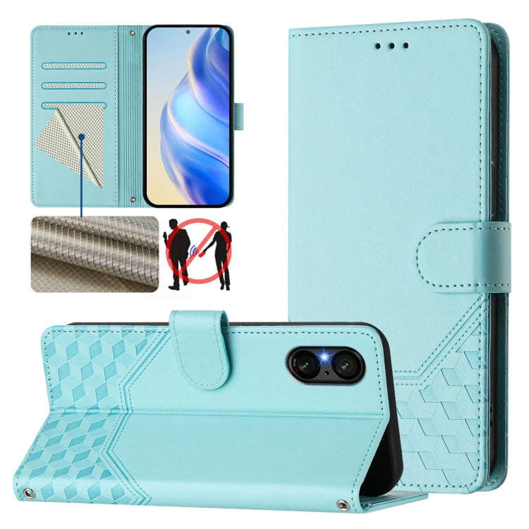 For Sony Xperia 5 V Honeycomb Embossing RFID Leather Phone Case(Mint Green)