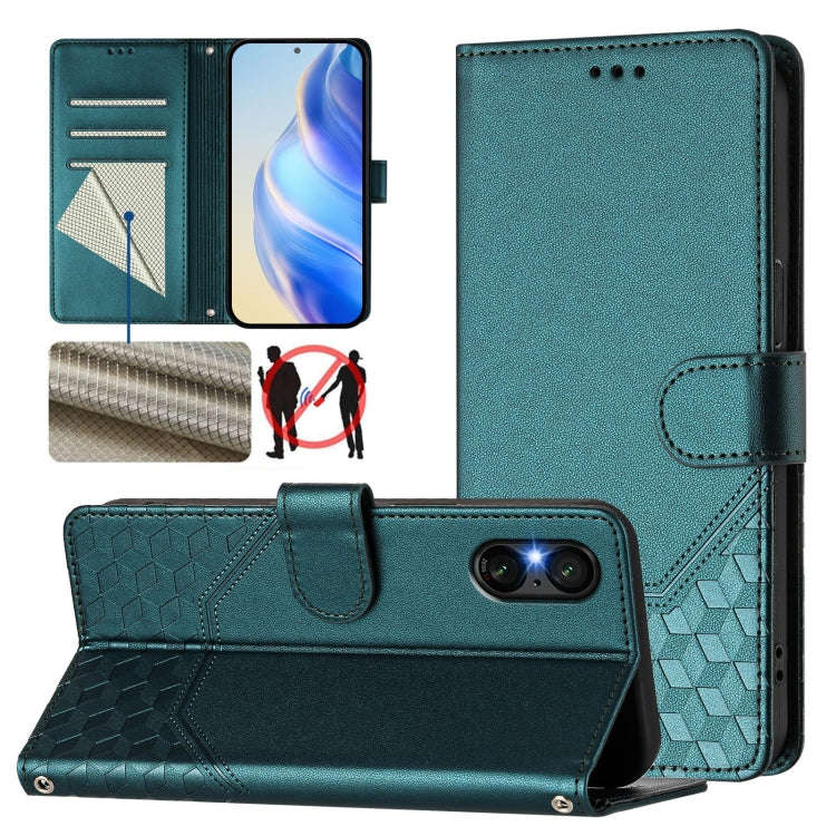 For Sony Xperia 5 VI 2024 Honeycomb Embossing RFID Leather Phone Case(Peacock Green)