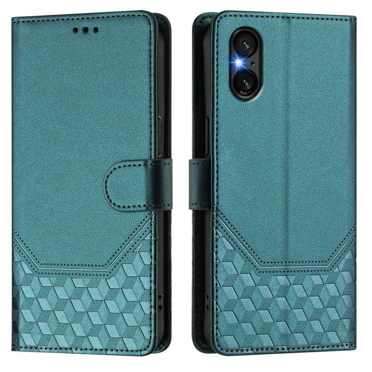 For Sony Xperia 5 VI 2024 Honeycomb Embossing RFID Leather Phone Case(Peacock Green)