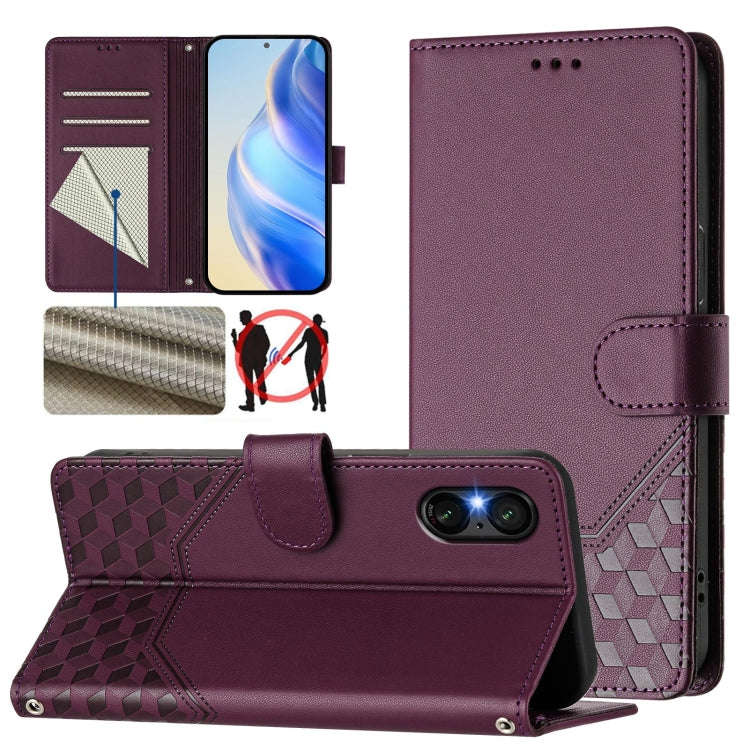 For Sony Xperia 5 VI 2024 Honeycomb Embossing RFID Leather Phone Case(Violet)