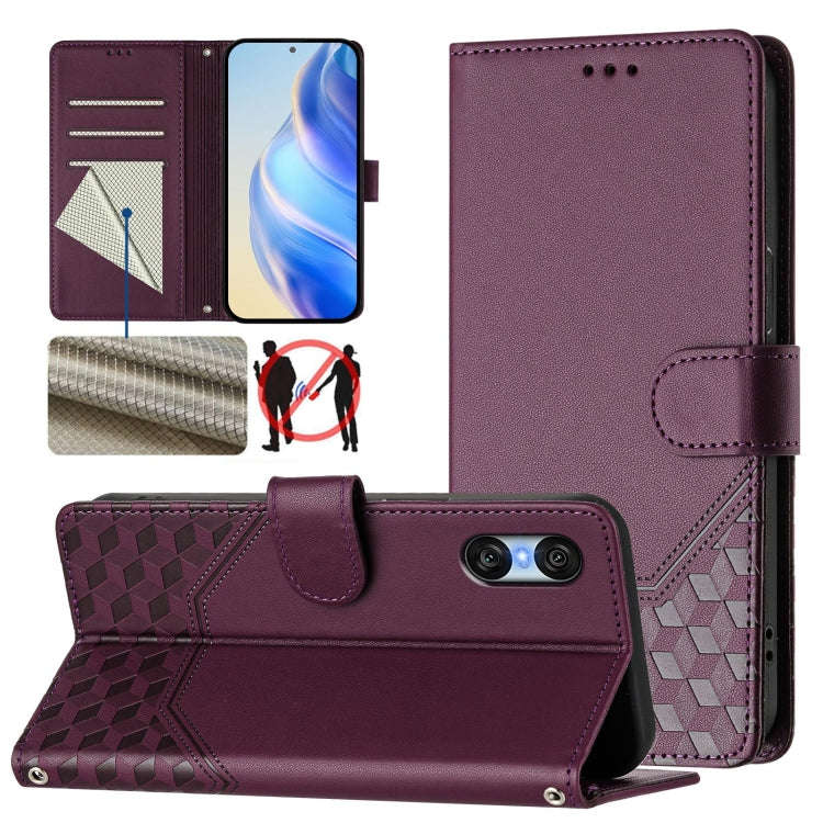 For Sony Xperia 10 VI 2024 Honeycomb Embossing RFID Leather Phone Case(Violet)