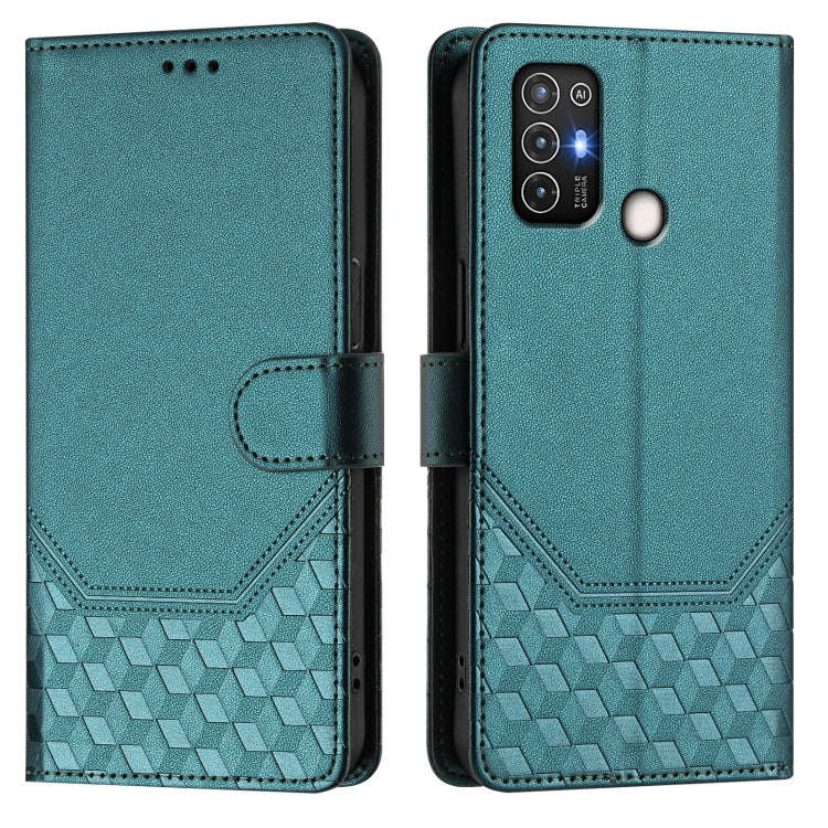 For ZTE Blade A52 Honeycomb Embossing RFID Leather Phone Case(Peacock Green)