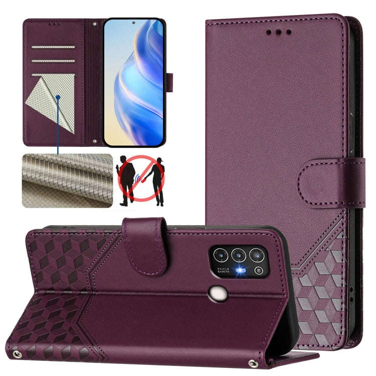 For ZTE Blade A52 Honeycomb Embossing RFID Leather Phone Case(Violet)