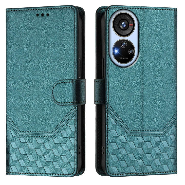 For ZTE Blade V40s Honeycomb Embossing RFID Leather Phone Case(Peacock Green)