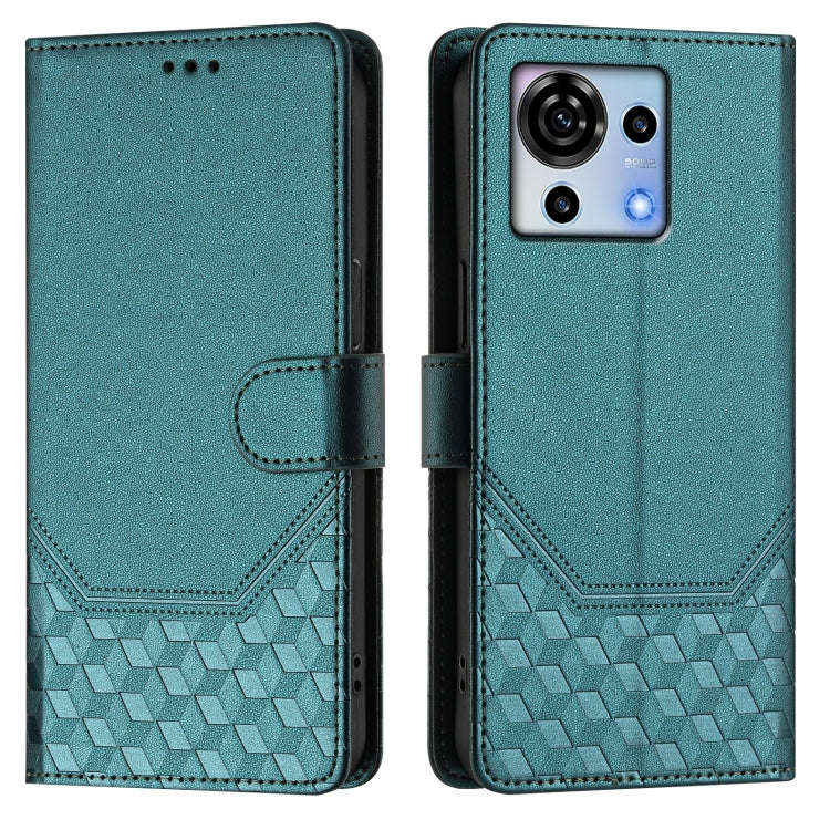 For ZTE Blade V50 Vita Honeycomb Embossing RFID Leather Phone Case(Peacock Green)