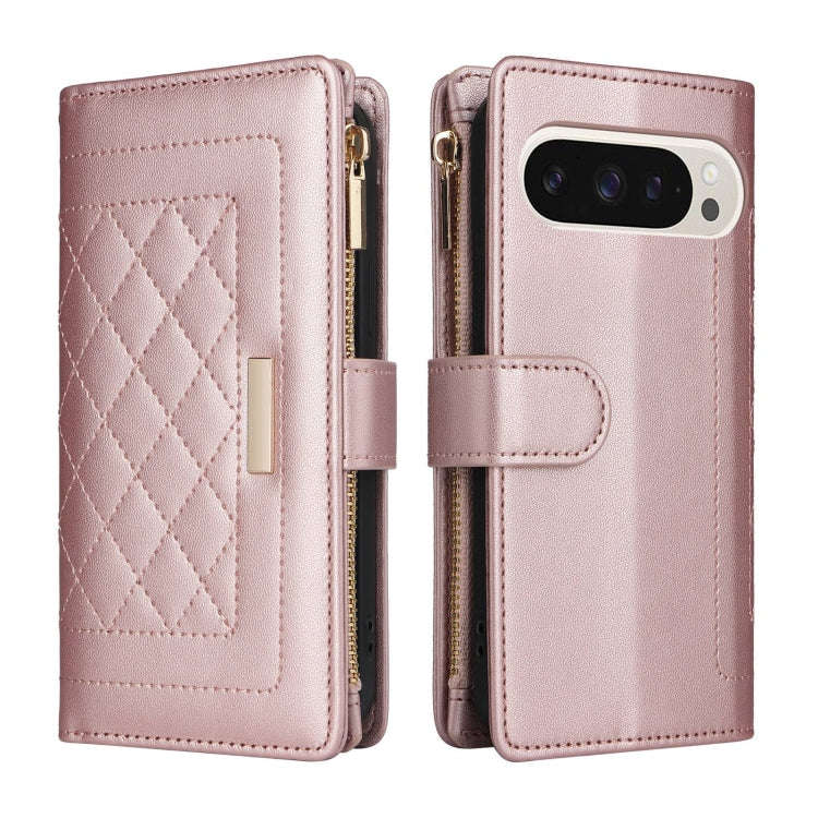 For Google Pixel 9 / 9 Pro Crossbody Zipper Wallet Rhombus Leather Phone Case(Rose Gold)