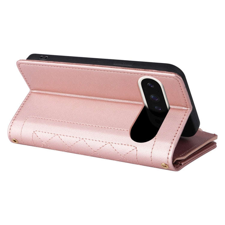 For Google Pixel 9 / 9 Pro Crossbody Zipper Wallet Rhombus Leather Phone Case(Rose Gold)