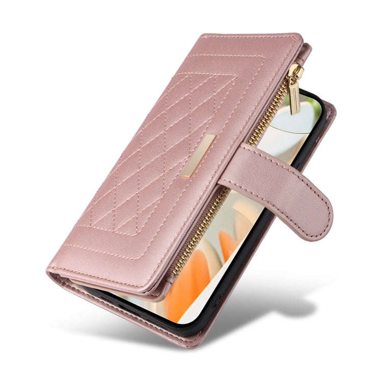 For Google Pixel 9 / 9 Pro Crossbody Zipper Wallet Rhombus Leather Phone Case(Rose Gold)