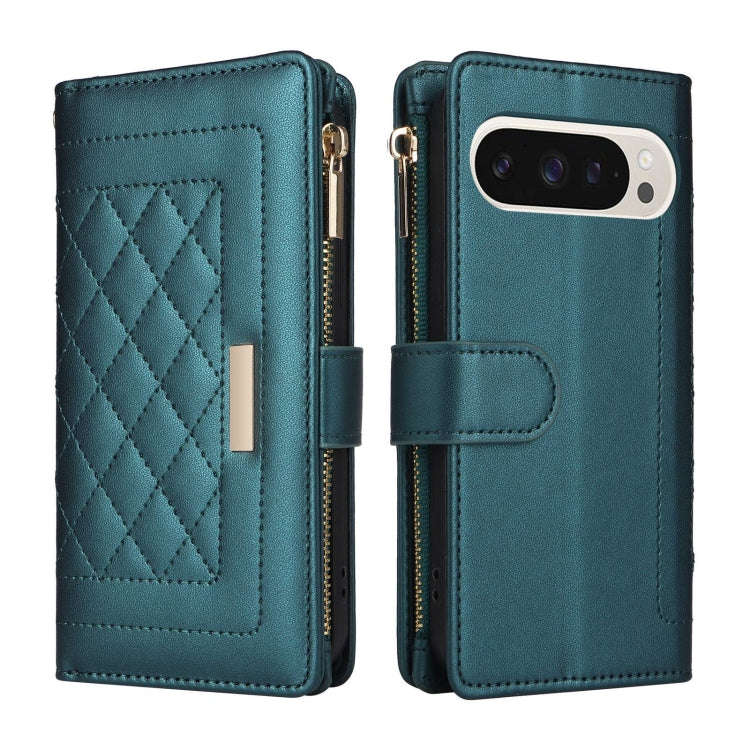 For Google Pixel 9 / 9 Pro Crossbody Zipper Wallet Rhombus Leather Phone Case(Green)