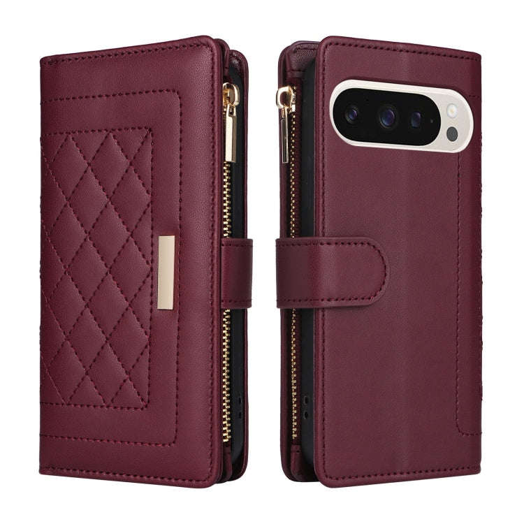 For Google Pixel 9 / 9 Pro Crossbody Zipper Wallet Rhombus Leather Phone Case(Wine Red)