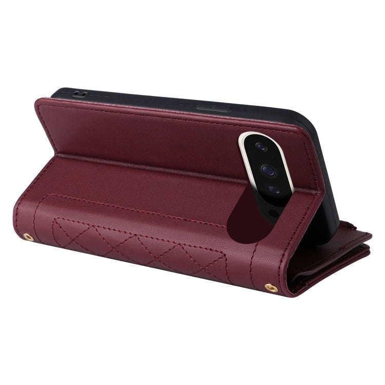 For Google Pixel 9 / 9 Pro Crossbody Zipper Wallet Rhombus Leather Phone Case(Wine Red)