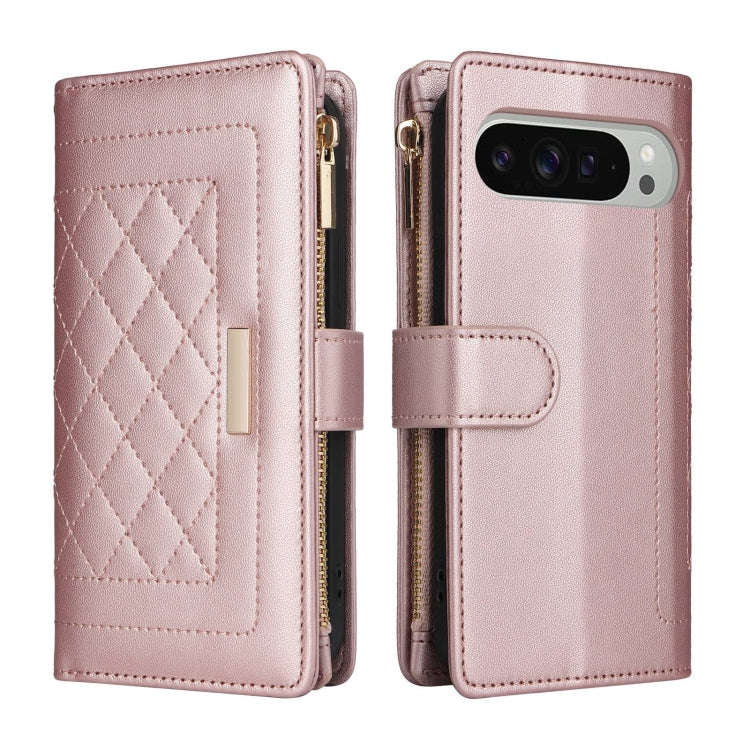 For Google Pixel 9 Pro XL Crossbody Zipper Wallet Rhombus Leather Phone Case(Rose Gold)