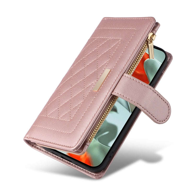 For Google Pixel 9 Pro XL Crossbody Zipper Wallet Rhombus Leather Phone Case(Rose Gold)